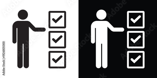 Silhouette of a person pointing to a square checklist. Concept of task management, quality control, completing requirements, survey results, and organizing business workflow.