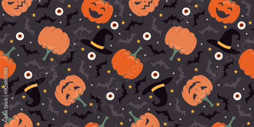 Halloween seamless pattern with pumpkins and bats. Vector illustration
