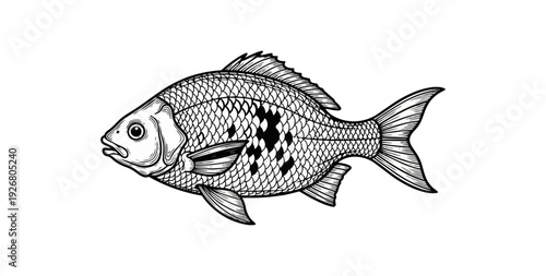 Monochrome fish illustration against black background