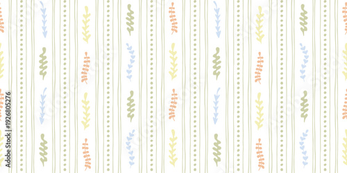 Seamless pastel botanical pattern with vertical stripes, dotted lines leaves. Flat vector, soft muted palette. Ideal for fabric, wallpaper, nursery decor, fabric prints, baby products, stationery