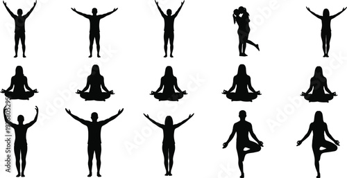 Yoga and meditation silhouette collection featuring men and women performing mindfulness, stretching and balance poses isolated on white background
