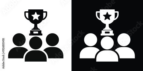 Group of people with a trophy cup icon above. Represents team success, winning culture, corporate rewards, collective victory, and reaching milestones together as a unit.