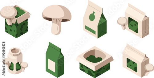 Isometric vector illustration of mushroom cultivation kits and fresh fungi