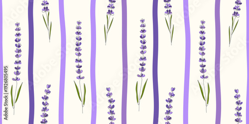 Decorative striped background with botanical accents. Violet floral seamless pattern. Lavender organic vector. Cute provence texture for textile, wallpaper, home interior design, cosmetic package