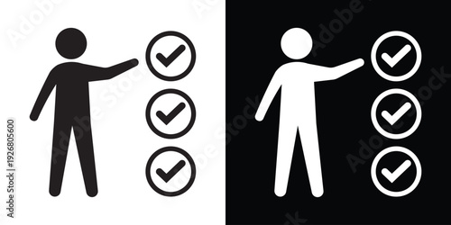 Silhouette of a person pointing to a circle checklist. Concept of task management, quality control, completing requirements, survey results, and organizing business workflow.