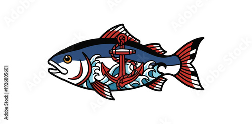 Stylized fish with anchor nautical illustration on black background