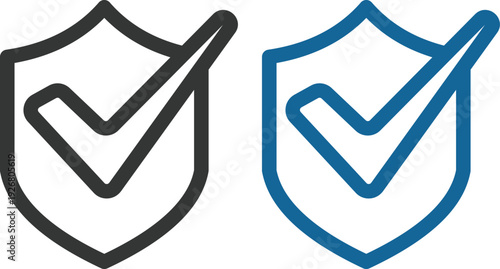 Modern shield security check icon set collection in flat and line style featuring protection, approval, verified badge and cybersecurity symbols. Data safety and trust concepts.