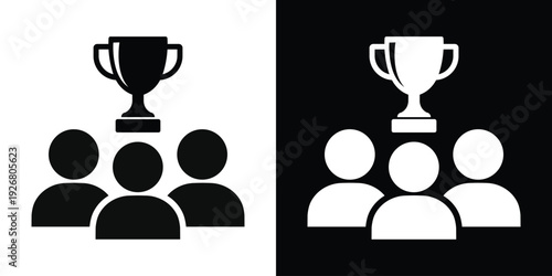 Group of people with a trophy cup icon above. Represents team success, winning culture, corporate rewards, collective victory, and reaching milestones together as a unit.
