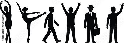 People silhouette collection featuring dancers, walking man, businessman and celebrating figures expressing lifestyle, success and movement isolated on white background