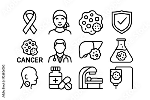 Cancer awareness and treatment icons in linear style
