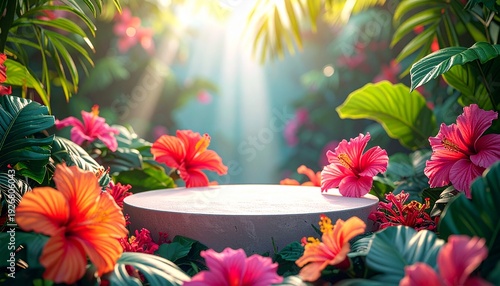 Abstract background. Branding product presentation mockup. Tropical floral scene. White podium with pink and orange flowers. Green leaves and sunny rays. Vector illustration for marketing