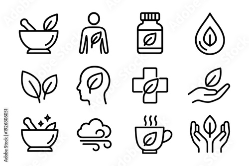 Health and wellness icon set: natural and herbal remedies in linear design