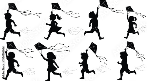 Children flying kites silhouettes set, happy boys and girls running outdoors, black vector illustration for childhood, freedom, festival, wind, and playful lifestyle concepts