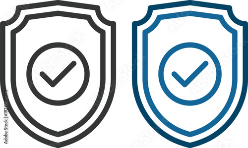 Modern shield security check icon set collection in flat and line style featuring protection, approval, verified badge and cybersecurity symbols. Data safety and trust concepts.