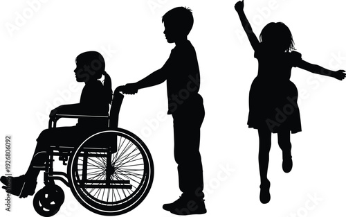 Children silhouette showing inclusion and friendship with disabled child in wheelchair, kids helping and playing together, diversity, equality, childhood support concept
