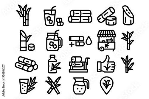 Sugarcane icons set - juice, plant, and market stall in linear style