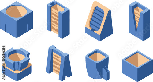 Eight different isometric 3D vector graphic shapes for abstract design
