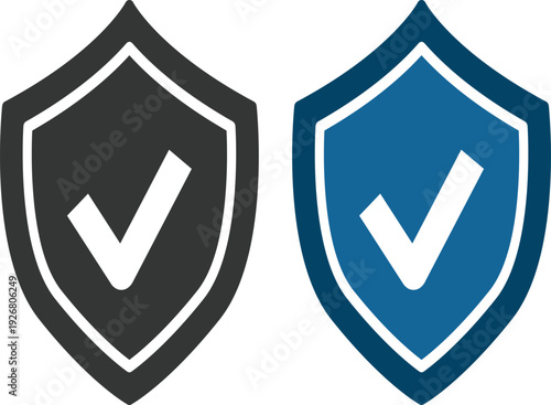 Modern shield security check icon set collection in flat and line style featuring protection, approval, verified badge and cybersecurity symbols. Data safety and trust concepts.