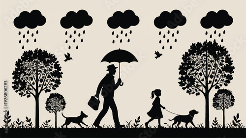 silhouette of a man and a girl walking in the rain with dogs