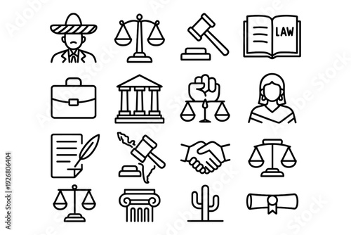 Linear law icons set featuring justice symbols and legal elements