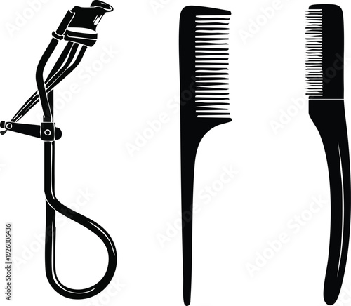 Title: Professional Eyelash Curler and Hair Stylist Comb Vector Icon Set