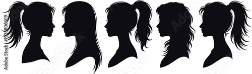 Collection of female head silhouette profiles with various ponytail and hairstyle variations, minimalist black vector illustration isolated on white background for beauty and fashion design