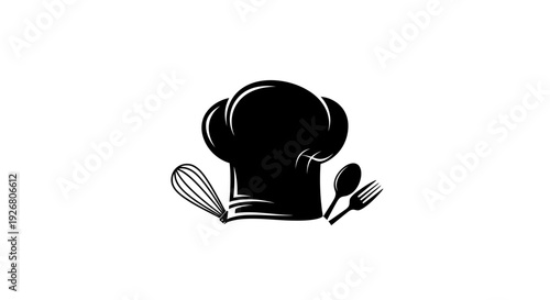 Black chef's hat with kitchen utensils, including a whisk, spoon, and fork, on a white background.
