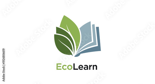 EcoLearn logo featuring an open book with green leaves, symbolizing sustainable education and environmental learning, on isolated white background.