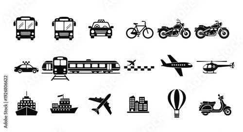 Collection of black and white icons depicting various modes of transportation including land, air, and sea vehicles.