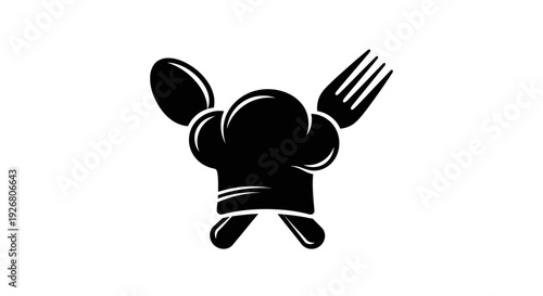 Stylized black chef's hat with crossed spoon and fork, symbolizing gourmet cooking and restaurant service, on isolated white background.