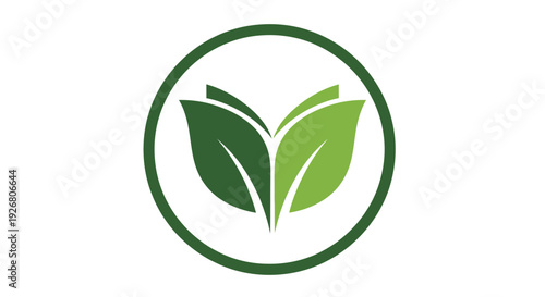 Two vibrant green leaves enclosed in a circular frame, symbolizing nature, eco-friendliness, and organic growth, on isolated white background.
