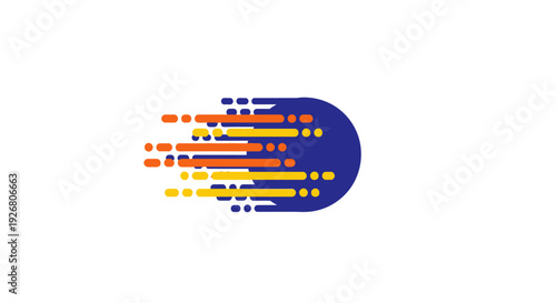 Abstract graphic design featuring a blue semi-circle with colorful horizontal lines trailing behind, symbolizing speed, data, or digital movement.