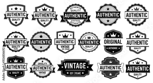 A collection of black and white vintage authentic quality labels and badges with various shapes and ribbon designs, suitable for branding and product certification.
