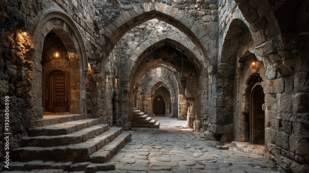 Fototapeta premium Atmospheric stone passageway inside a historic fortress with rough stone walls and arched openings letting natural light inside.
