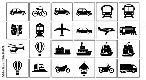 A comprehensive collection of black and white vector icons depicting various modes of land, air, and sea transportation, including cars, buses, trains, airplanes, ships, and bicycles.