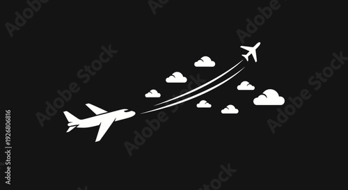 Two white airplanes flying with clouds on a black background, depicting travel and connection.