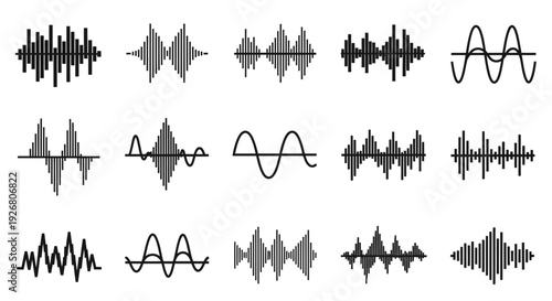 A collection of various abstract sound waves and audio frequency spectrum visualizations on a white background, depicting different signal patterns.