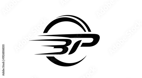 Dynamic black and white BP logo with speed lines and a circular design, conveying motion and modernity.