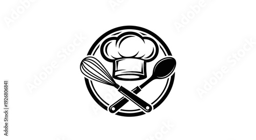 Black and white circular emblem featuring a chef's hat, a whisk, and a spoon, representing cooking and culinary arts.