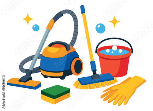 Modern cartoon cleaning supplies set featuring a vacuum cleaner, mop, bucket, sponge, and gloves for household cleaning