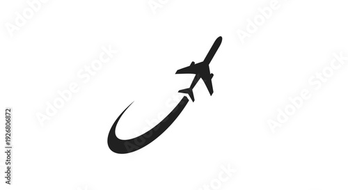 Black silhouette of an airplane taking off with a curved flight path on a white background, symbolizing travel and aviation.