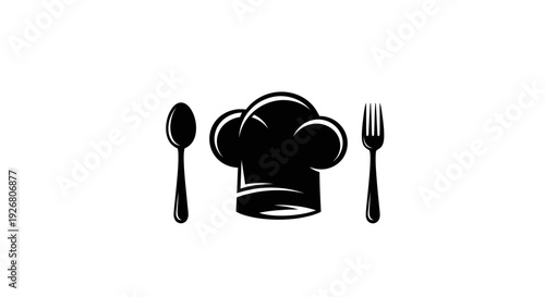 Classic black chef's hat with a spoon and fork silhouette on a clean white background, representing culinary arts and dining.
