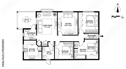 Detailed architectural floor plan of a multi-room residential unit, showcasing living areas, multiple bedrooms, kitchens, and bathrooms with indicated dimensions.