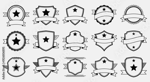 A collection of monochrome badge, shield, and emblem designs with stars and blank ribbons, suitable for awards or labels.