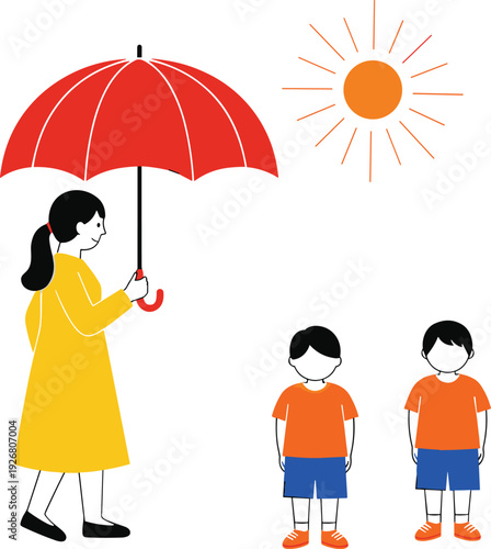 Mother protecting children from sunlight with umbrella illustration symbolizing parental care, safety, family protection and healthy outdoor lifestyle concept