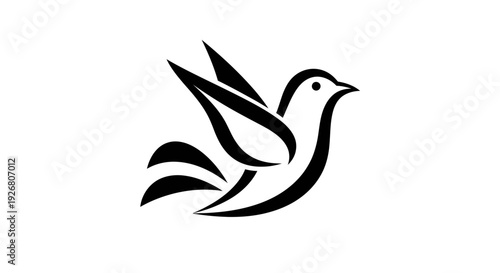 Elegant minimalist black line art illustration depicting a flying bird, possibly a dove, with graceful wings and tail feathers against a clean white background.