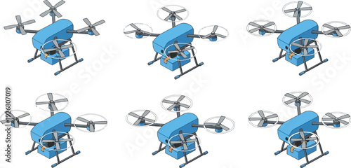 Modern blue delivery drone vector illustration with package cargo