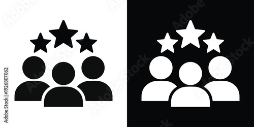 Icon showing three people with three stars above them. Represents expert team, professional staff, or customer satisfaction. Professional group ranking symbol for business websites and apps.