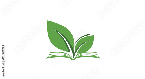 A minimalist logo featuring an open book with two vibrant green leaves sprouting from its pages, set against a clean white background, symbolizing natural learning and growth.