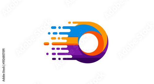 Abstract colorful logo design with dynamic speed lines flowing into a central circle, representing motion and digital progress.
